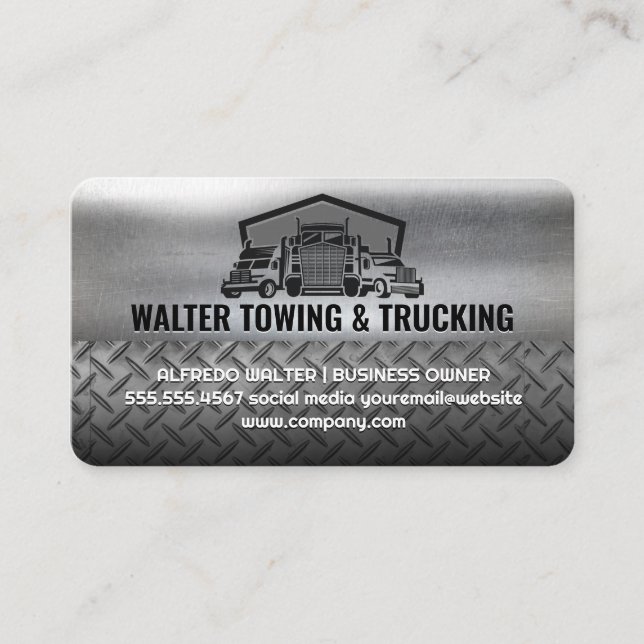 Semi Truck Fleet Logo | Industrial Steel Metallic Business Card (Front)