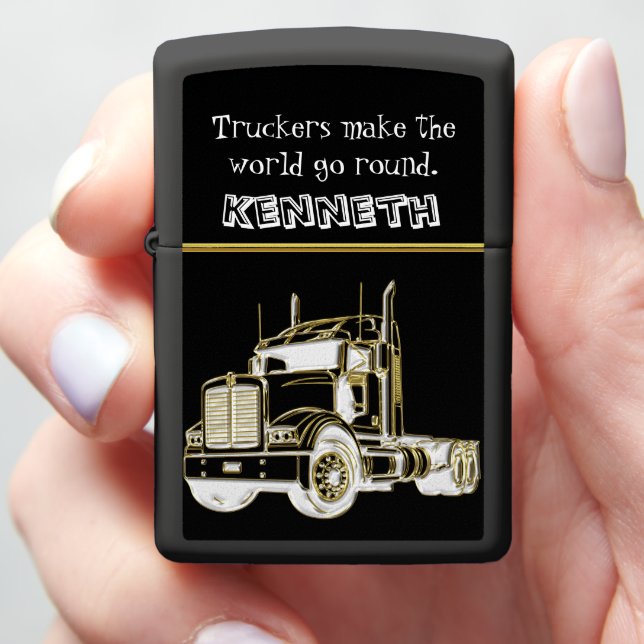 Semi-Truck Golden Digital Illustration Zippo Lighter (In Hand)