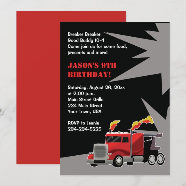 Semi Truck Hot Rod Boys Birthday Invitation (Front/Back)