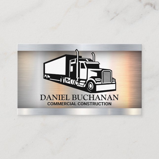 Semi Truck Icon | Metallic Brushed Business Card (Front)