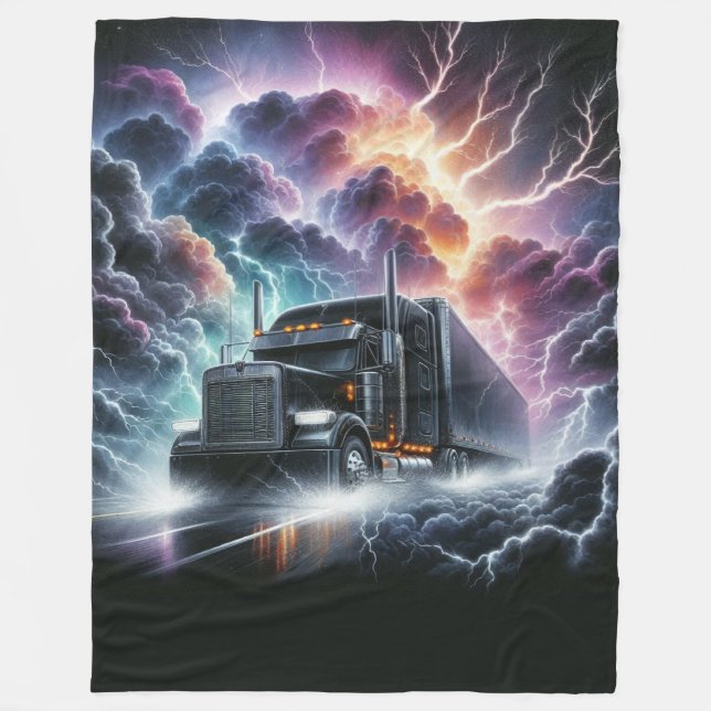 Semi Truck in a Vibrant Lightning Storm Fleece Blanket (Front)