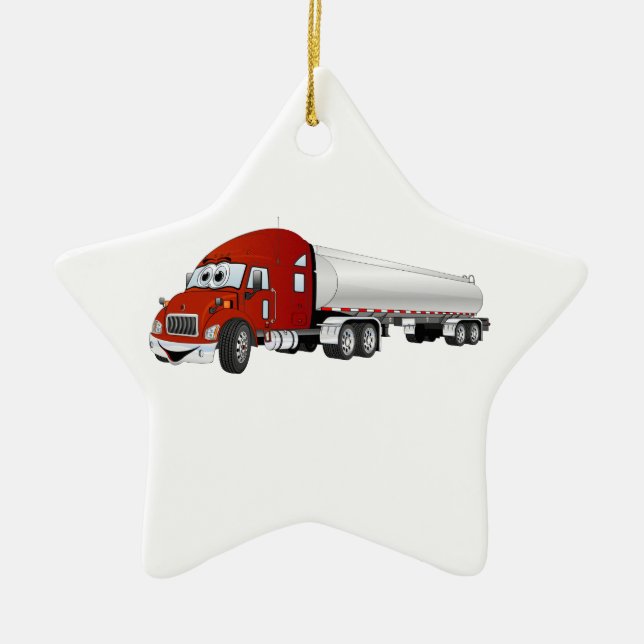 Semi Truck Red Silver Tanker Trailer Cartoon Ceramic Ornament (Front)