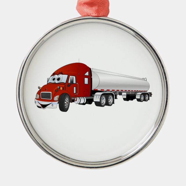 Semi Truck Red Silver Tanker Trailer Cartoon Metal Ornament (Front)