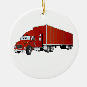 Semi Truck Red Trailer Cartoon Ceramic Ornament