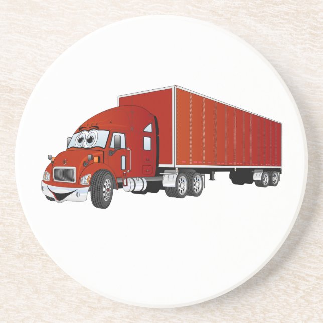 Semi Truck Red Trailer Cartoon Drink Coaster (Front)
