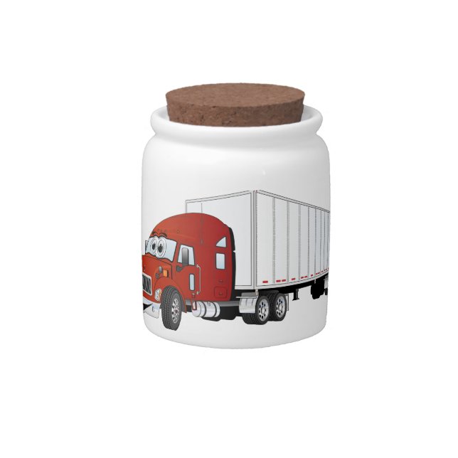 Semi Truck Red White Trailer Cartoon Candy Jar (Front)