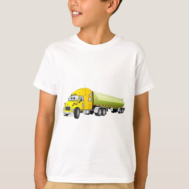 Semi Truck Yellow Green Tanker Trailer Cartoon T-Shirt (Front)