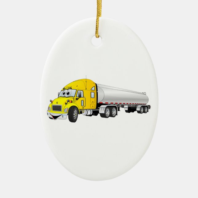 Semi Truck Yellow Silver Tanker Trailer Cartoon Ceramic Ornament (Front)