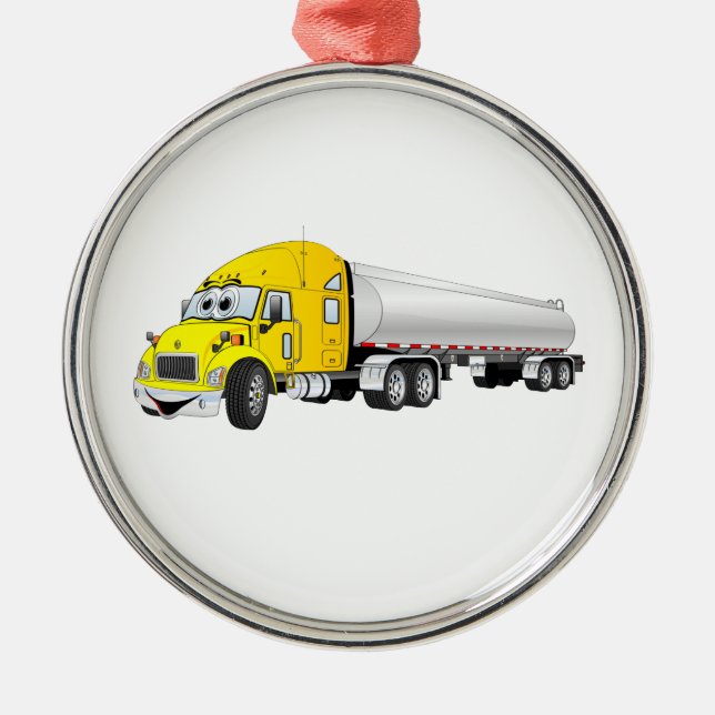 Semi Truck Yellow Silver Tanker Trailer Cartoon Metal Ornament (Front)