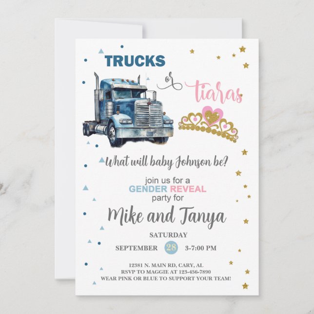 Semi Trucks or Tiaras gender reveal invitation. Invitation (Front)