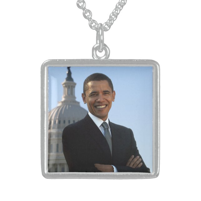 Senator Portrait, American President Barack Obama Sterling Silver Necklace (Front)