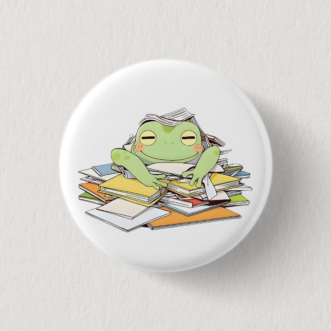 Send Help Frog Buried in Paperwork Kawaii Design Button (Front)