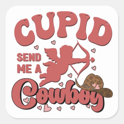 Send Me Cupid Cow Boy Retro Valentine Square Sticker