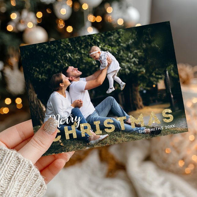 Send your holiday greetings with this personalized (Send your holiday greetings with this personalized family Christmas card with gold glitter.)