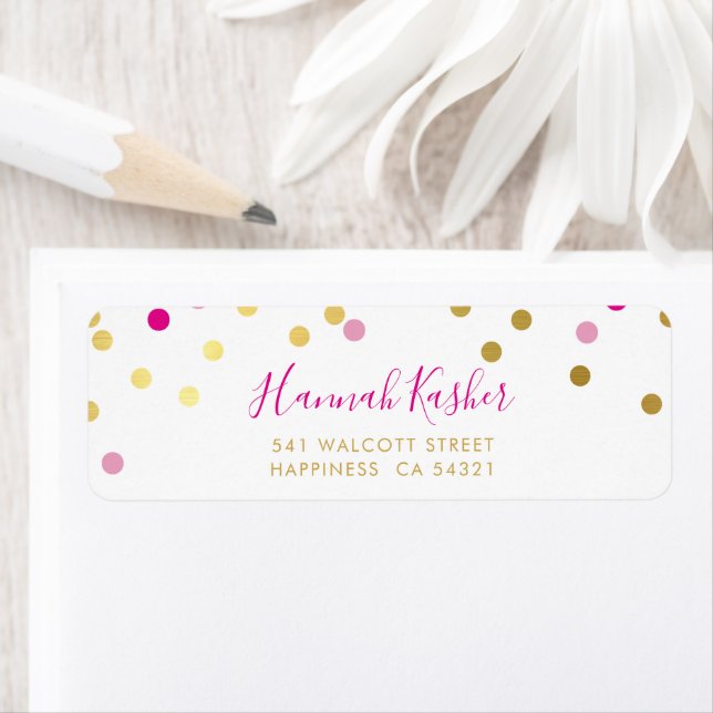 SENDER ADDRESS pretty glam confetti spot gold pink Label (Insitu)
