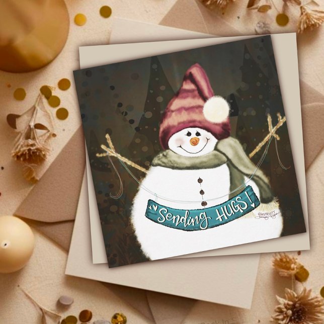 Sending Hugs Cute Snowman Christmas Holiday Card (Creator Uploaded)