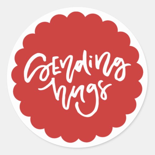 Sending Hugs Hand Lettered Red Scallop Edge Classic Round Sticker