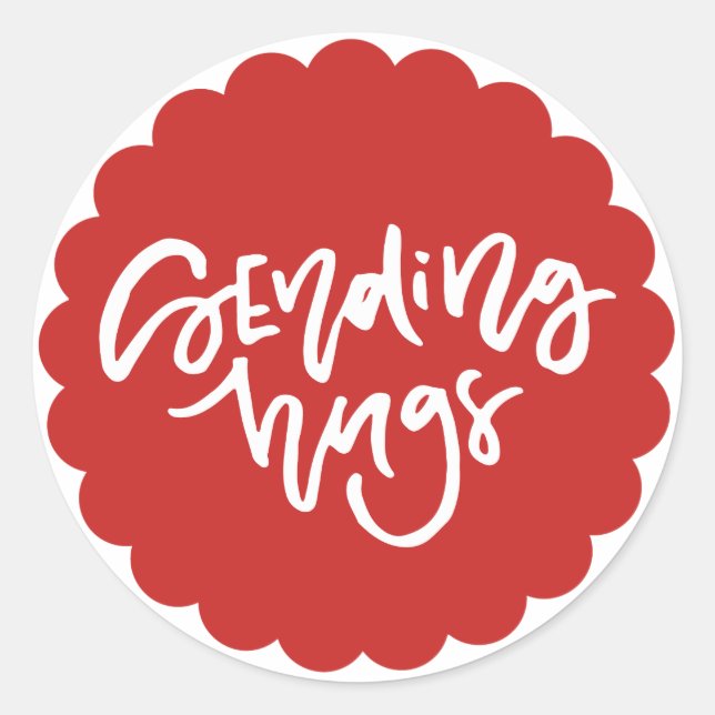 Sending Hugs Hand Lettered Red Scallop Edge Classic Round Sticker (Front)