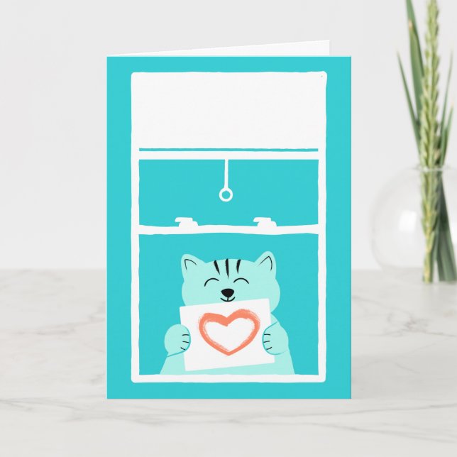 Sending Love Cat in a Window with Heart Sign Card (Front)