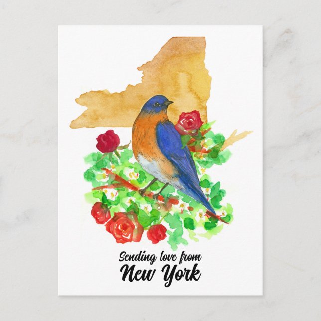 Sending Love New York Bluebird Red Roses Postcard (Front)