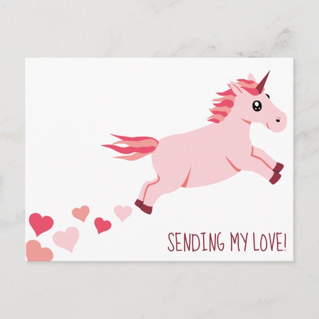 Sending Love Pink Unicorn Hearts Postcard (Front)