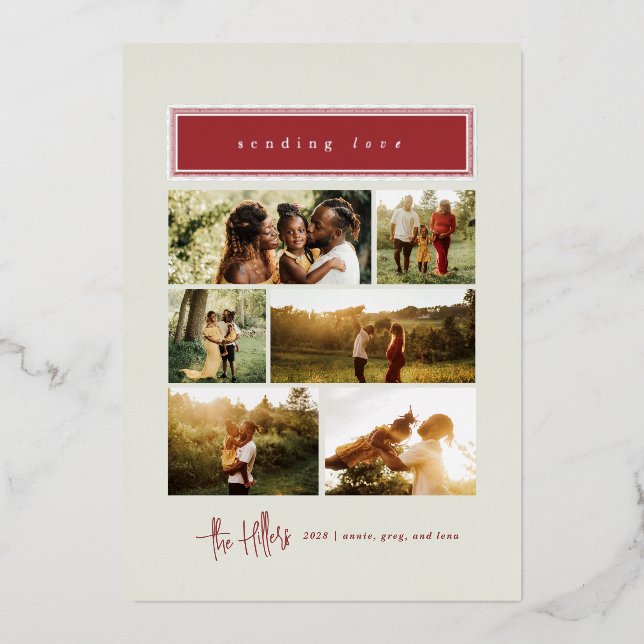 Sending Love Red and Gold Photo Collage Family Foil Holiday Card (Front)