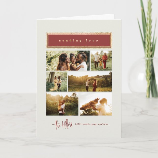 Sending Love Red and Gold Photo Collage Family Holiday Card (Front)