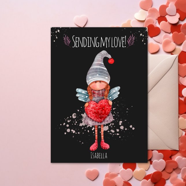 Sending My Love Lady Gnome With Heart Valentine Holiday Card (Creator Uploaded)