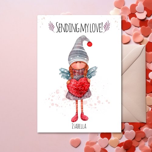 Sending My Love Lady Gnome With Heart Valentine Holiday Card
