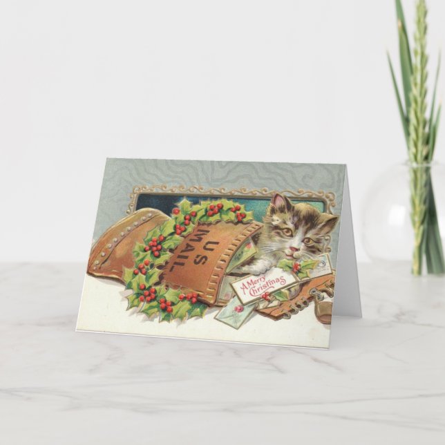 Sending you A meowy Christmas kitty in Mail bag Holiday Card (Front)