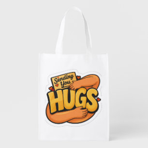 Sending You Hugs Sticker - Cute Cartoon Hugging Grocery Bag