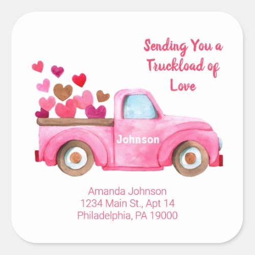 Sending You Love Hearts  Truck Pink Watercolor Square Sticker