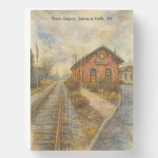 Seneca Falls Village Depot in Winter Wooden Box Sign (Front Vertical)