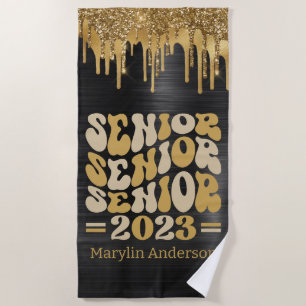 SENIOR 2023 BLACK & GOLD GLITTER DRIP CUSTOM BEACH TOWEL