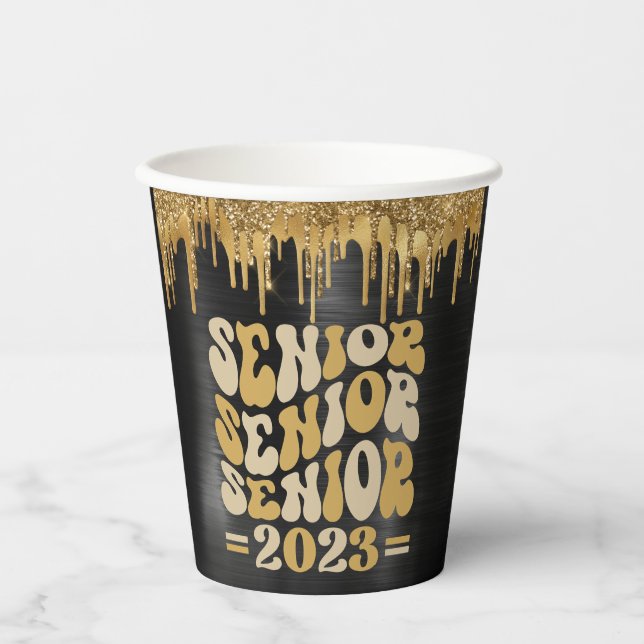 SENIOR 2023 BLACK & GOLD GLITTER DRIP CUSTOM PAPER CUPS (Front)