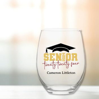 Senior 2024 Graduate Cap Gold Black Red Stemless Wine Glass by AvenueCentral at Zazzle
