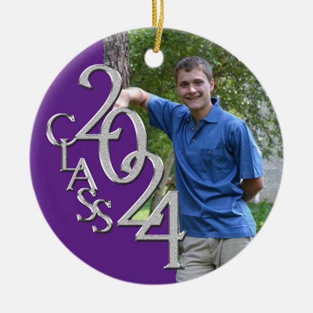 Senior 2024 Purple and Silver Graduate Photo Ceramic Ornament (Front)