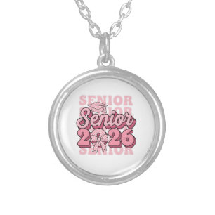Senior 2026 Class of 2026 Coquette Pink Bow Gradua Silver Plated Necklace