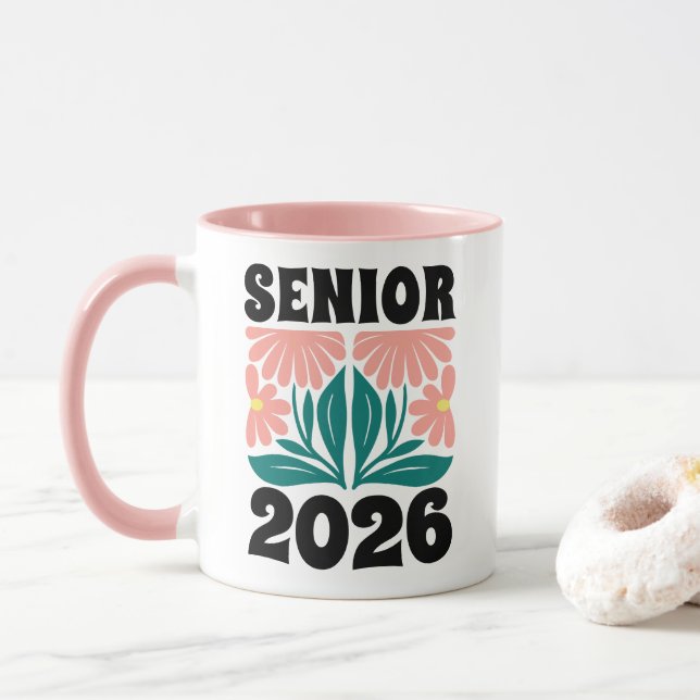 Senior 2026 Custom Retro Groovy Flowers Graduation Mug (With Donut)