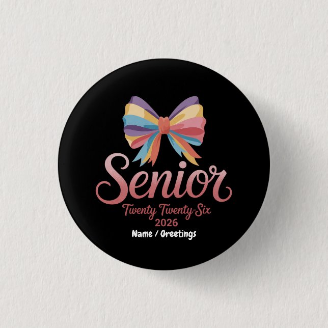 Senior 2026 Cute Rainbow Bow Graduation Coquette Button (Front)