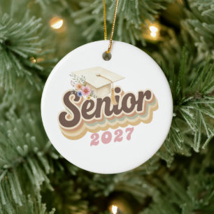 Senior 2027 Earthtones Floral Graduation Cap Ceramic Ornament