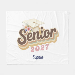 Senior 2027 Earthtones Floral Graduation Cap Fleece Blanket