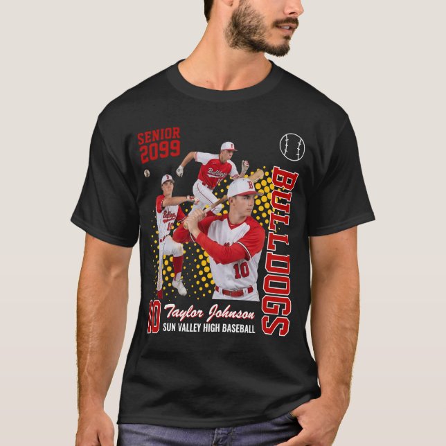 Senior Baseball Player Custom Photo Collage Red T-Shirt (Front)