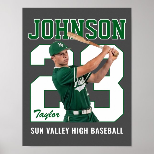 Senior Baseball Player Number Custom Photo Green Poster (Front)