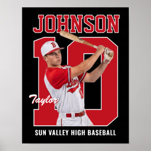 Senior Baseball Player Number Custom Photo Red Poster