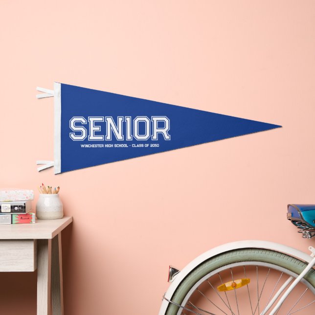 Senior blue custom high school class year varsity pennant flag (Front)