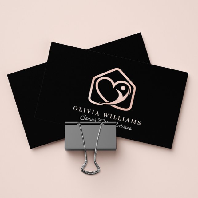 Senior Care Services Caregiver Black & Rose Gold Business Card (Creator Uploaded)