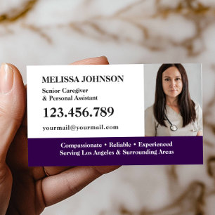 Senior Caregiver Elderly Care PURPLE PHOTO Business Card