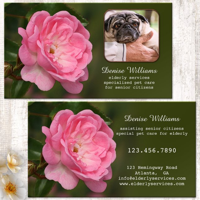 Senior Citizen Services and Pet Care Photo Business Card (Business card featuring a fresh pink rose on green - geriatric care, care giver, home care)