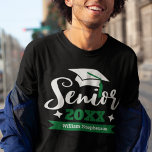Senior class of 2022 graduation year name T-Shirt<br><div class="desc">Celebrate your senior and graduation year with this modern t-shirt featuring a contemporary "Senior 2023" typography in white and green decorated with a black graduate cap with a green tassel; easily customize this t-shirt with your graduation year and name by editing the template fields. This t-shirt is part of our...</div>